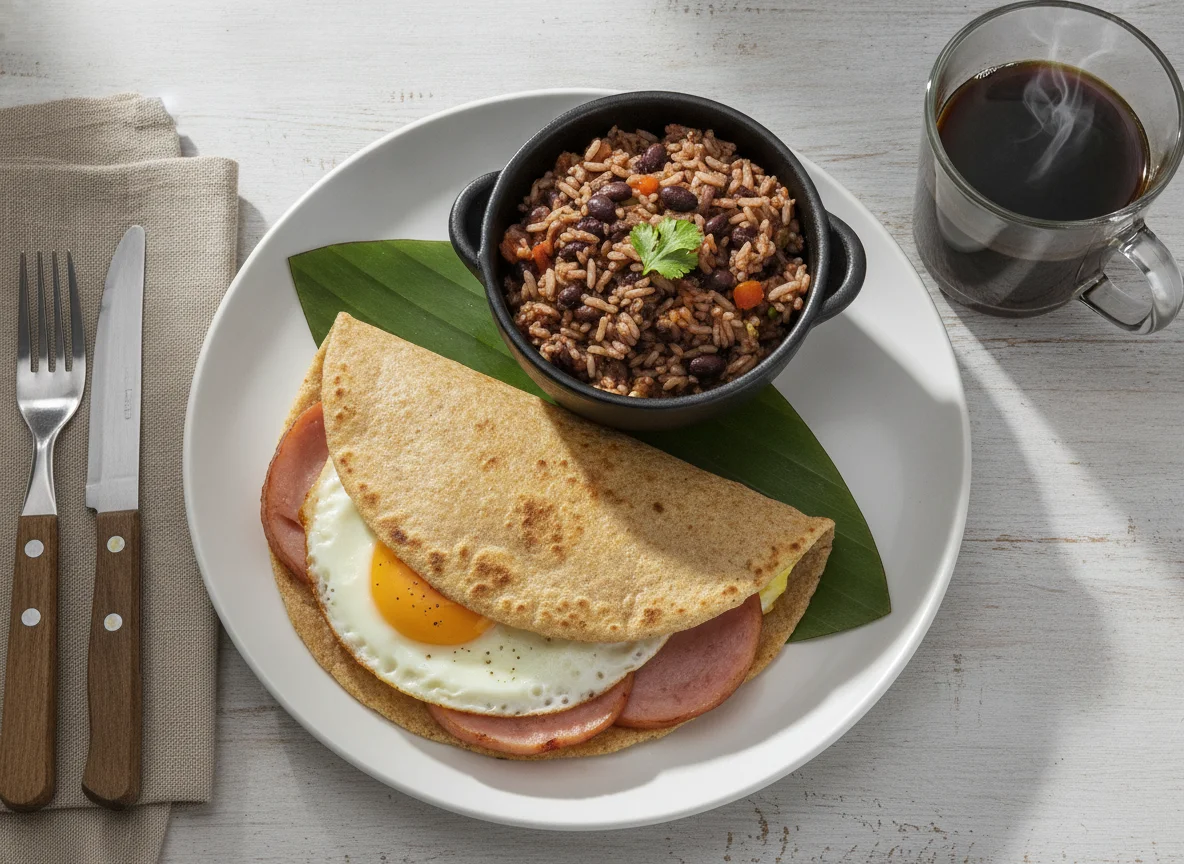 Gallo pinto envuelto o tortilla con huevo y jamón photo