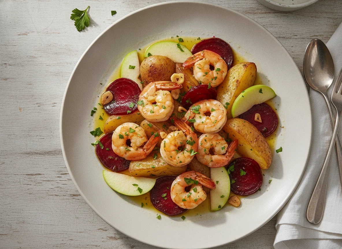 Gambas al ajillo con patatas cocidas, remolacha y manzana photo