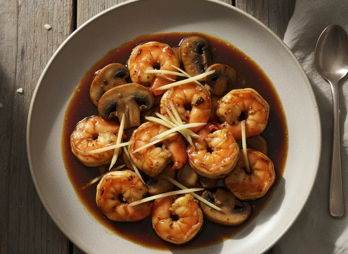 Gambas en salsa con champiñones photo