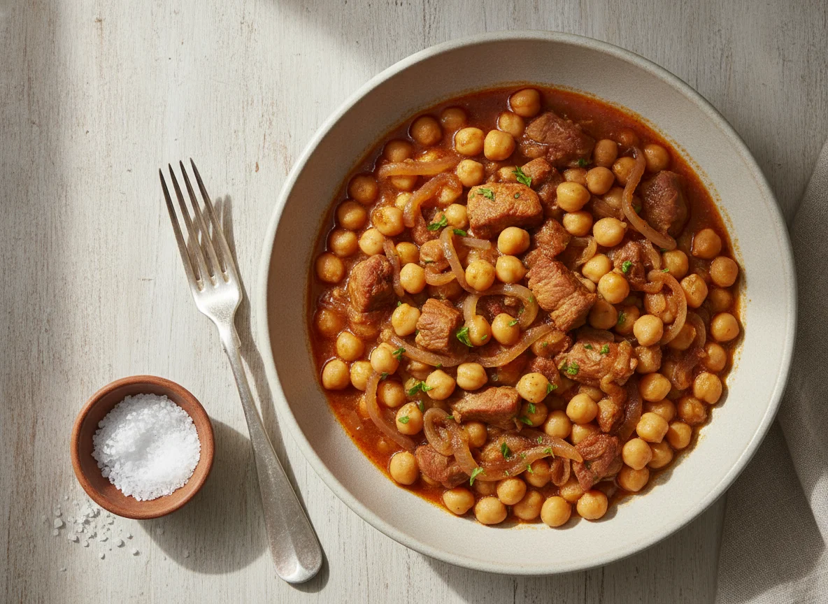 Garbanzos con carne y cebolla photo