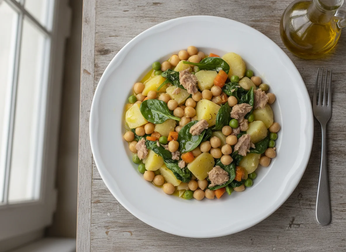 Garbanzos con ensaladilla y espinacas photo