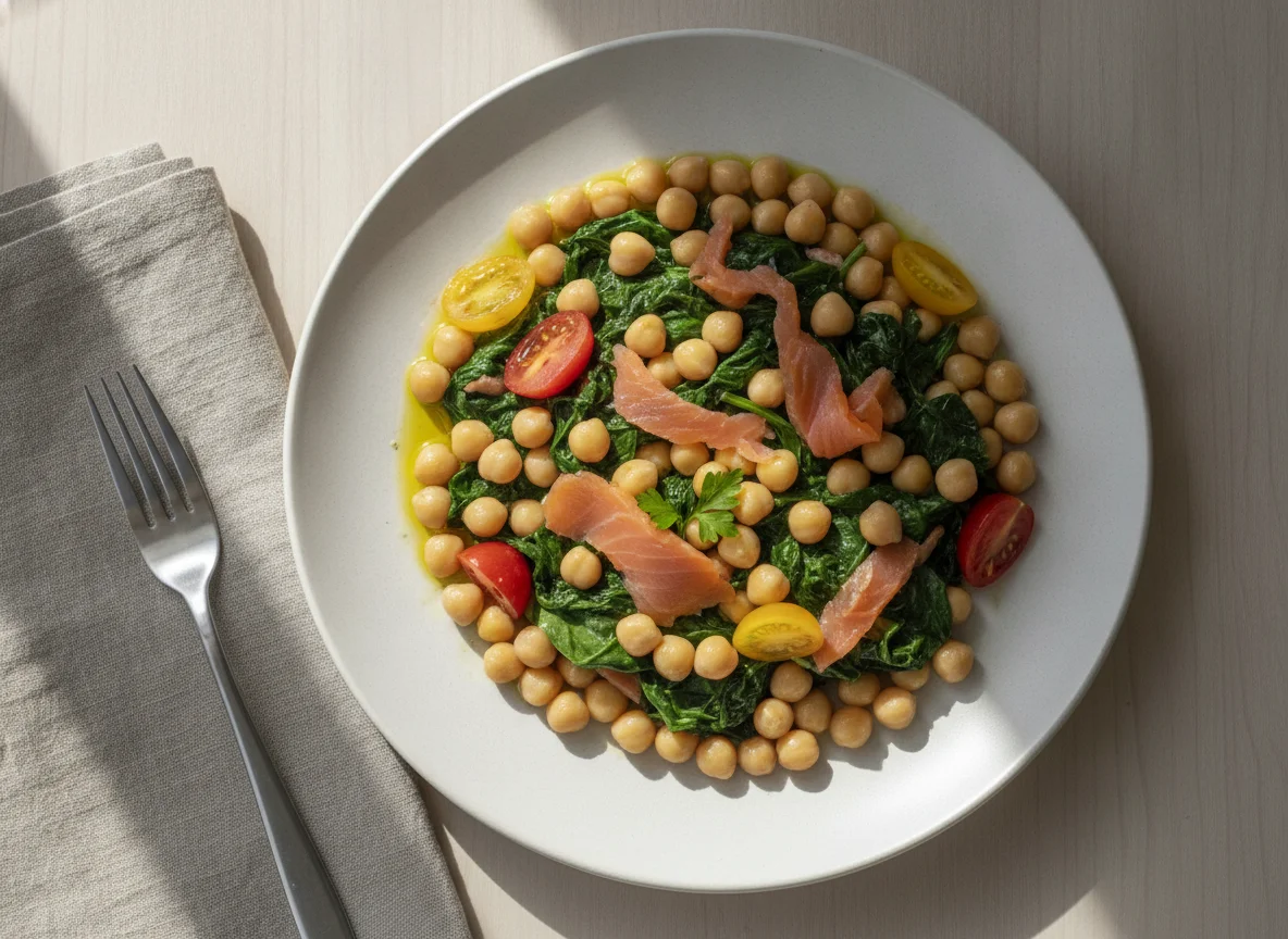Garbanzos con espinacas y salmón ahumado photo
