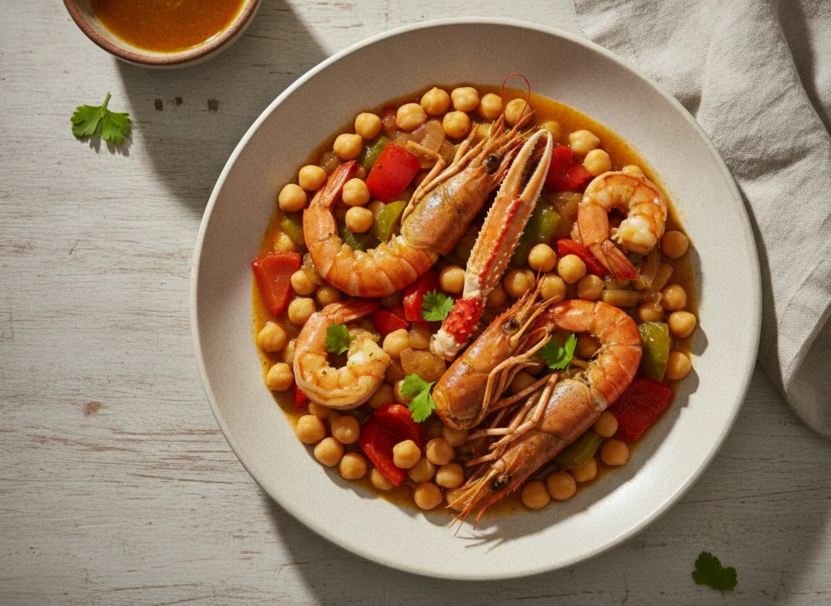 Garbanzos con langostinos y pimientos photo
