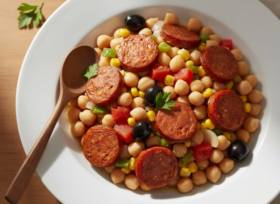 Garbanzos con salchicha y vegetales photo
