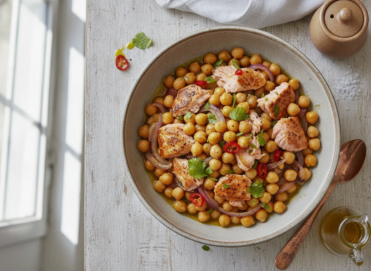 Garbanzos con salmón y cebolla photo