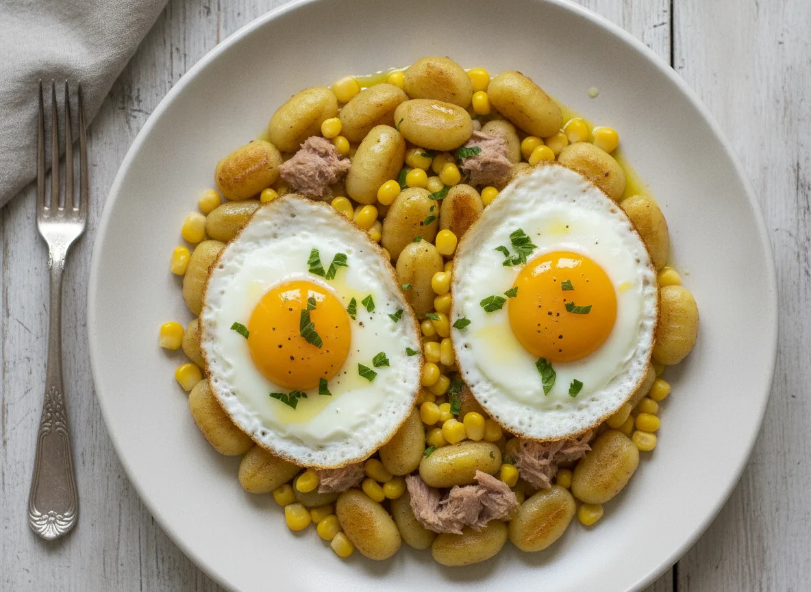 Gnocchi con atún, maíz y huevos fritos photo
