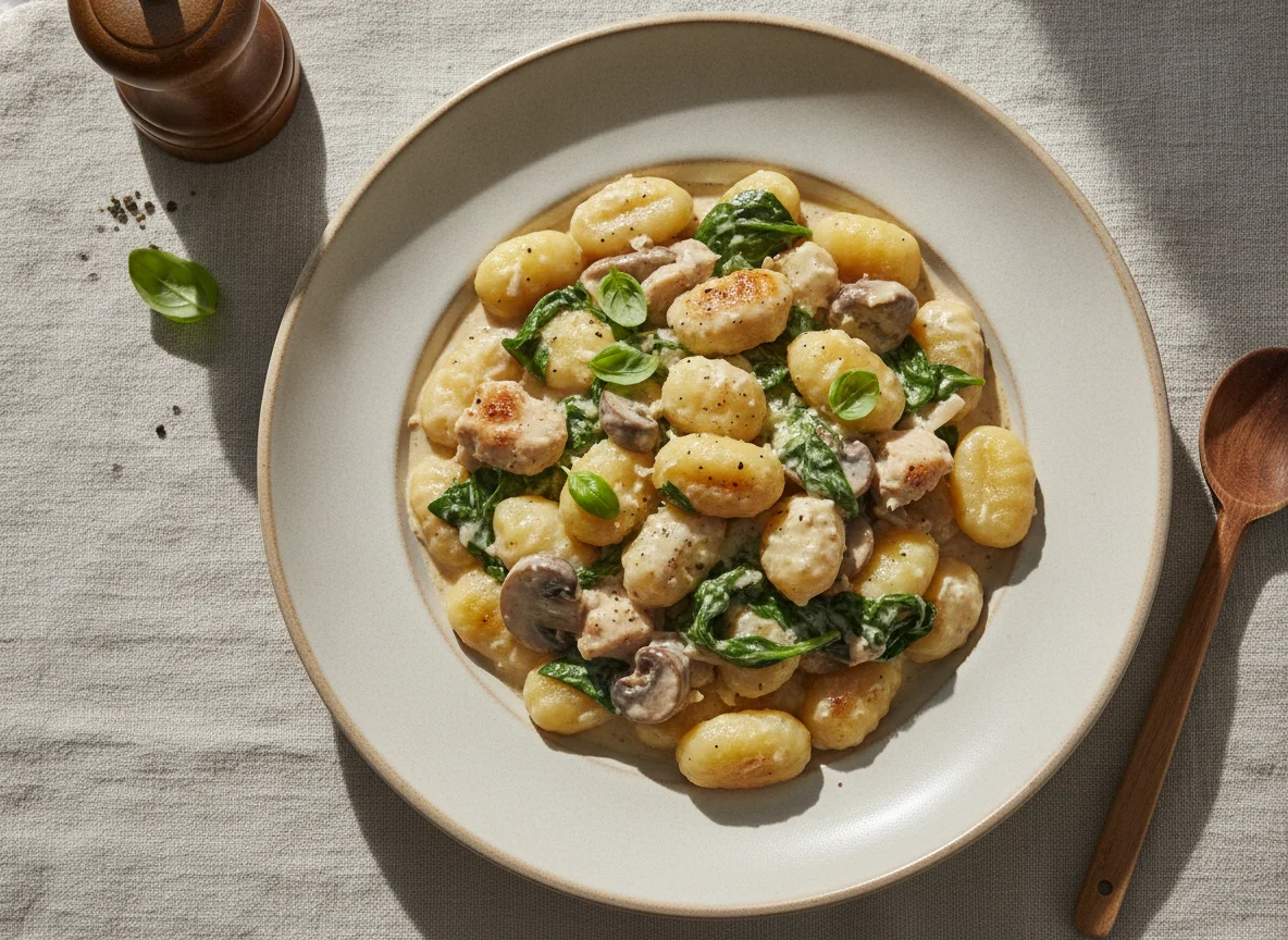 Gnocchi con pollo, champiñones y espinacas en salsa de nata photo