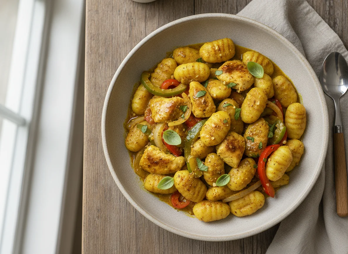 Gnocchi con pollo y verduras al curry photo