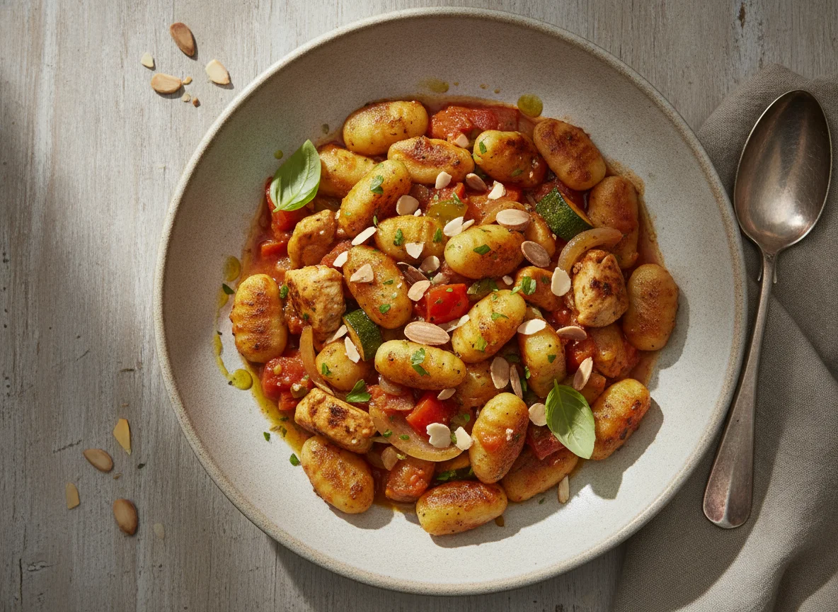 Gnocchi con pollo y verduras en salsa photo