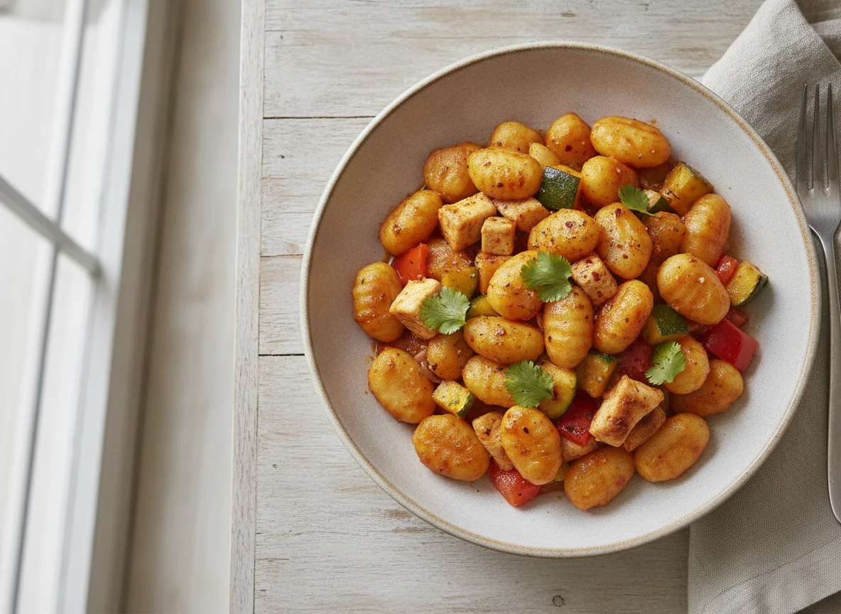 Gnocchi con pollo y verduras photo