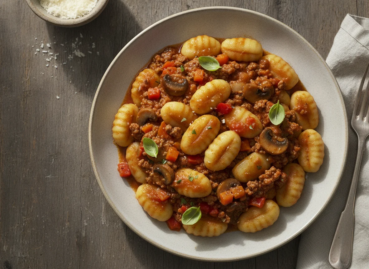 Gnocchi con salsa boloñesa de verduras photo