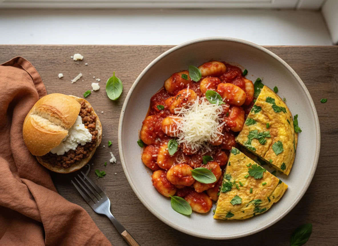 Gnocchi con salsa de tomate, queso y acompañamientos photo