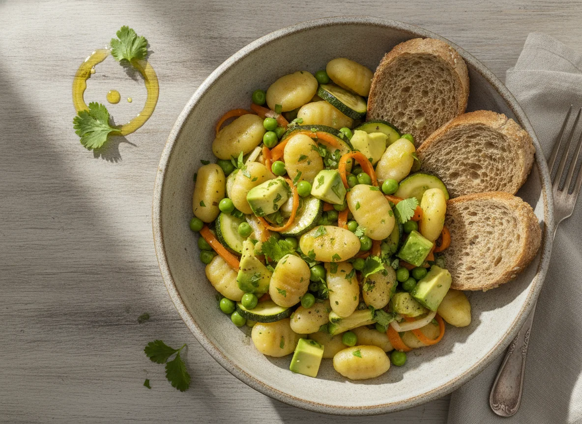 Gnocchi con verduras, aguacate y pan integral photo