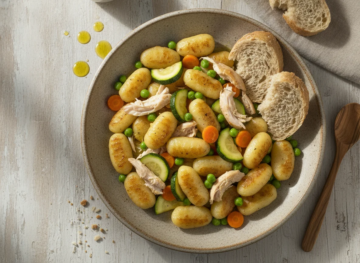 Gnocchi con verduras, pollo y pan integral photo