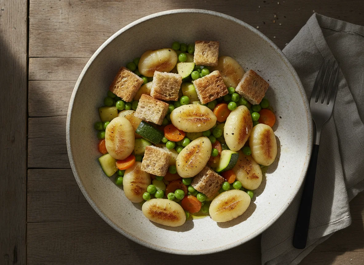 Gnocchi con verduras y pan integral photo