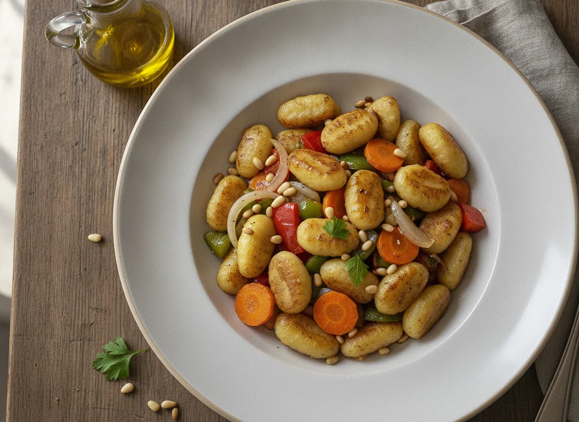 Gnocchi con verduras y piñones photo