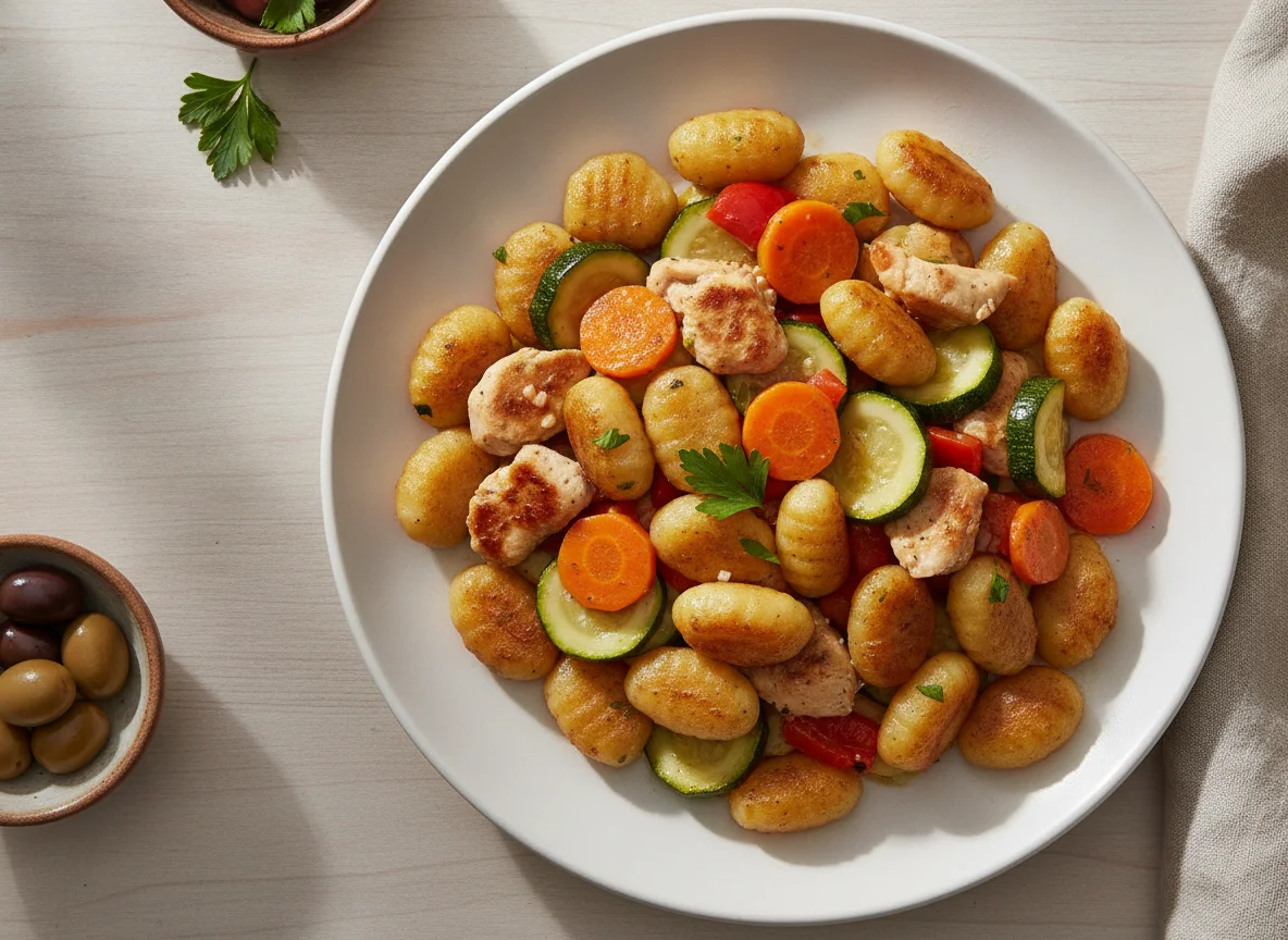Gnocchi con verduras y pollo photo