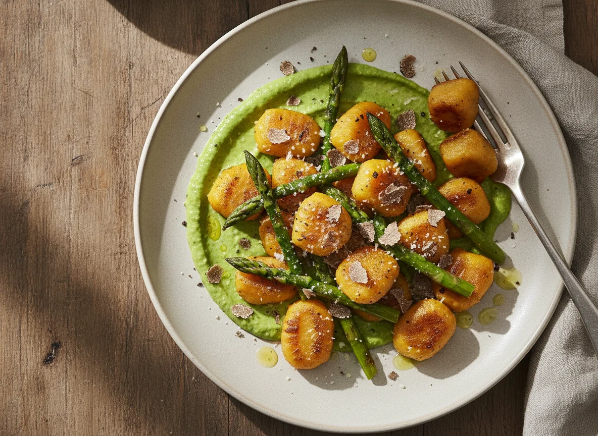 Gnocchi de calabaza con espárragos y trufa photo