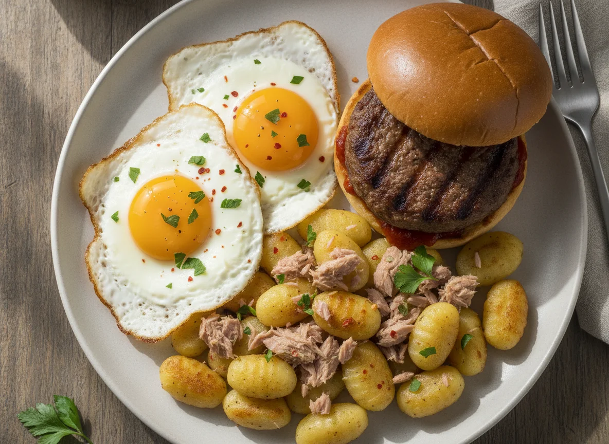 Gnocchis con atún, huevos fritos y hamburguesa photo