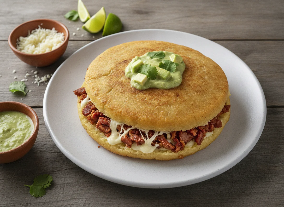 Gordita de chicharrón con queso y salsa photo