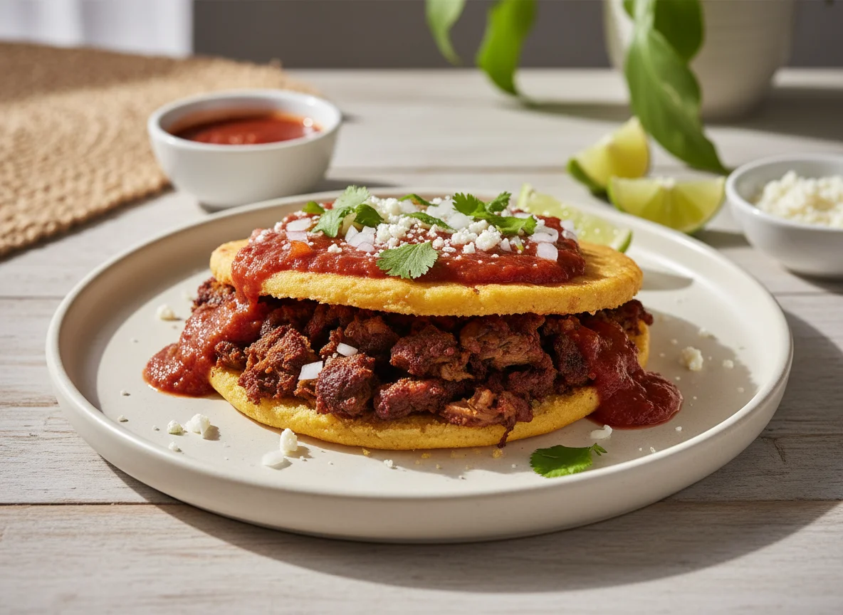 Gordita de chicharrón prensado con salsa y queso photo