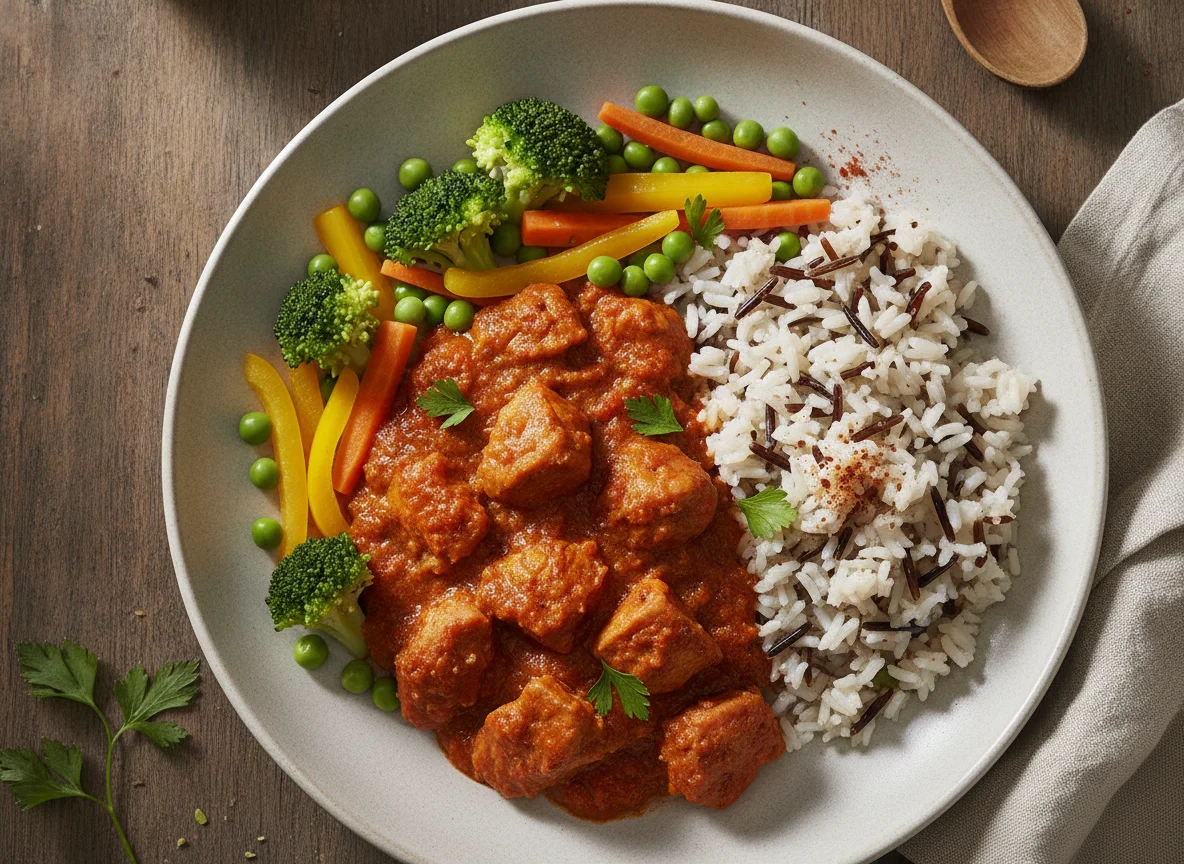 Goulash de pavo con arroz salvaje y verduras photo