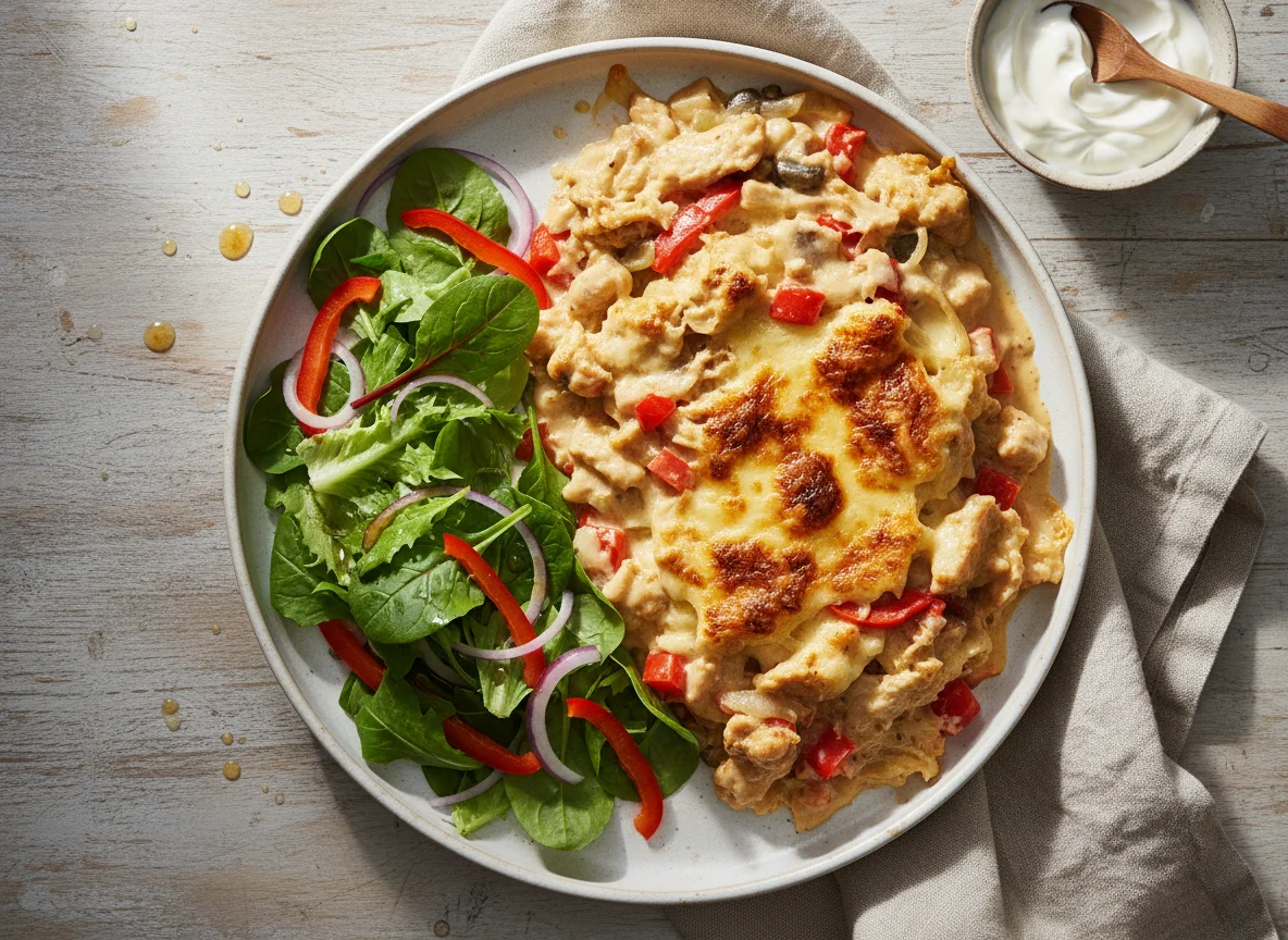 Gratín de pollo con ensalada photo