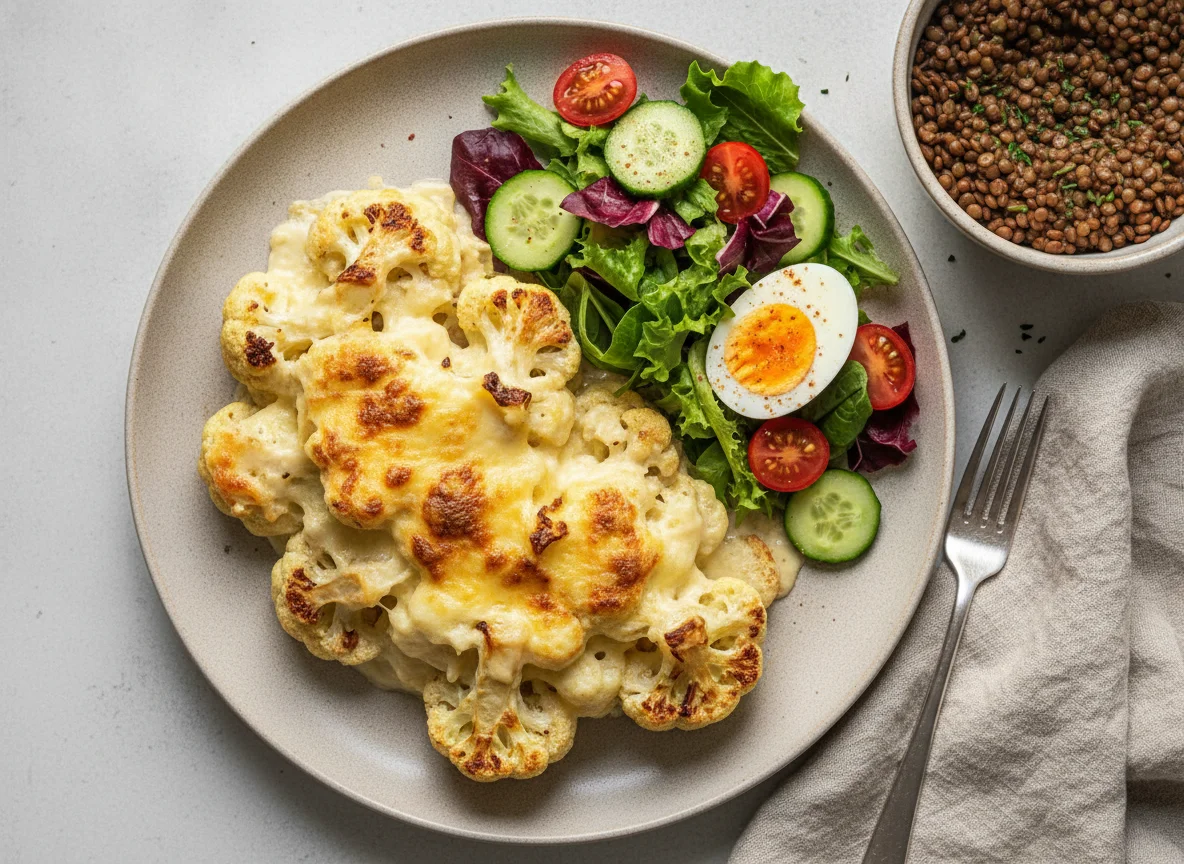 Gratinado de coliflor con ensalada mixta y lentejas photo