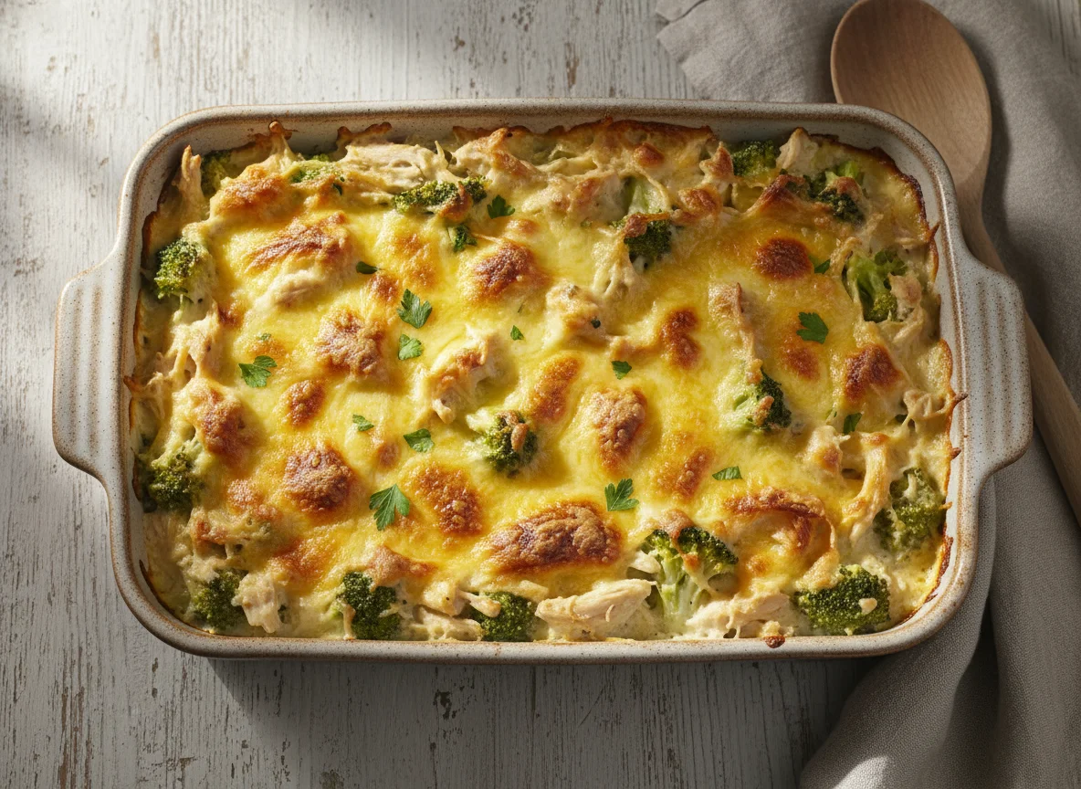 Gratinado de pollo y brócoli con queso photo
