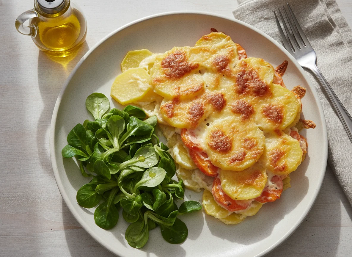 Gratinado de verduras con ensalada de canónigos photo