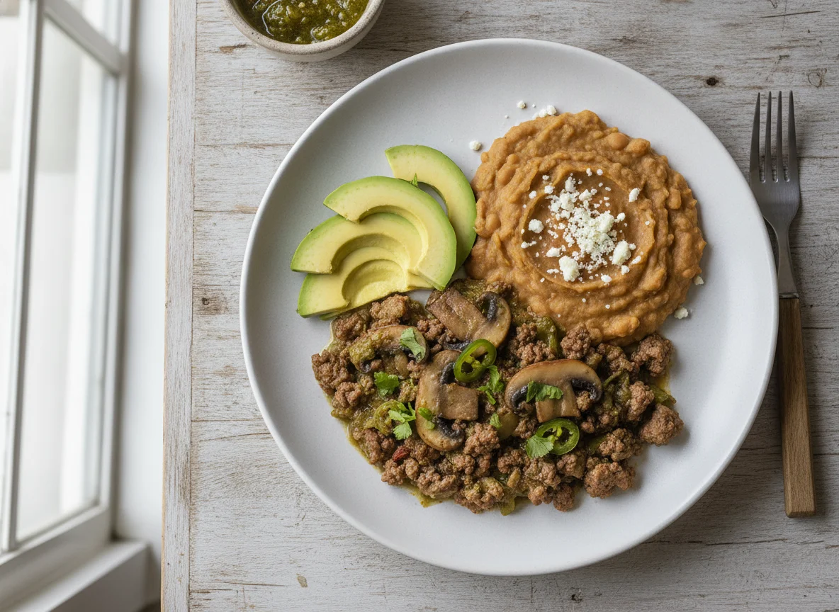 Guisado de carne con champiñones, frijoles refritos y aguacate photo