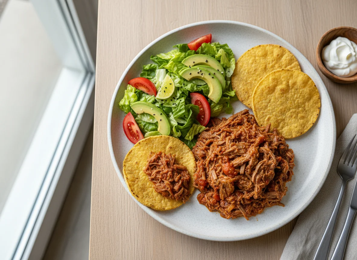 Guisado de carne con ensalada y tostadas photo
