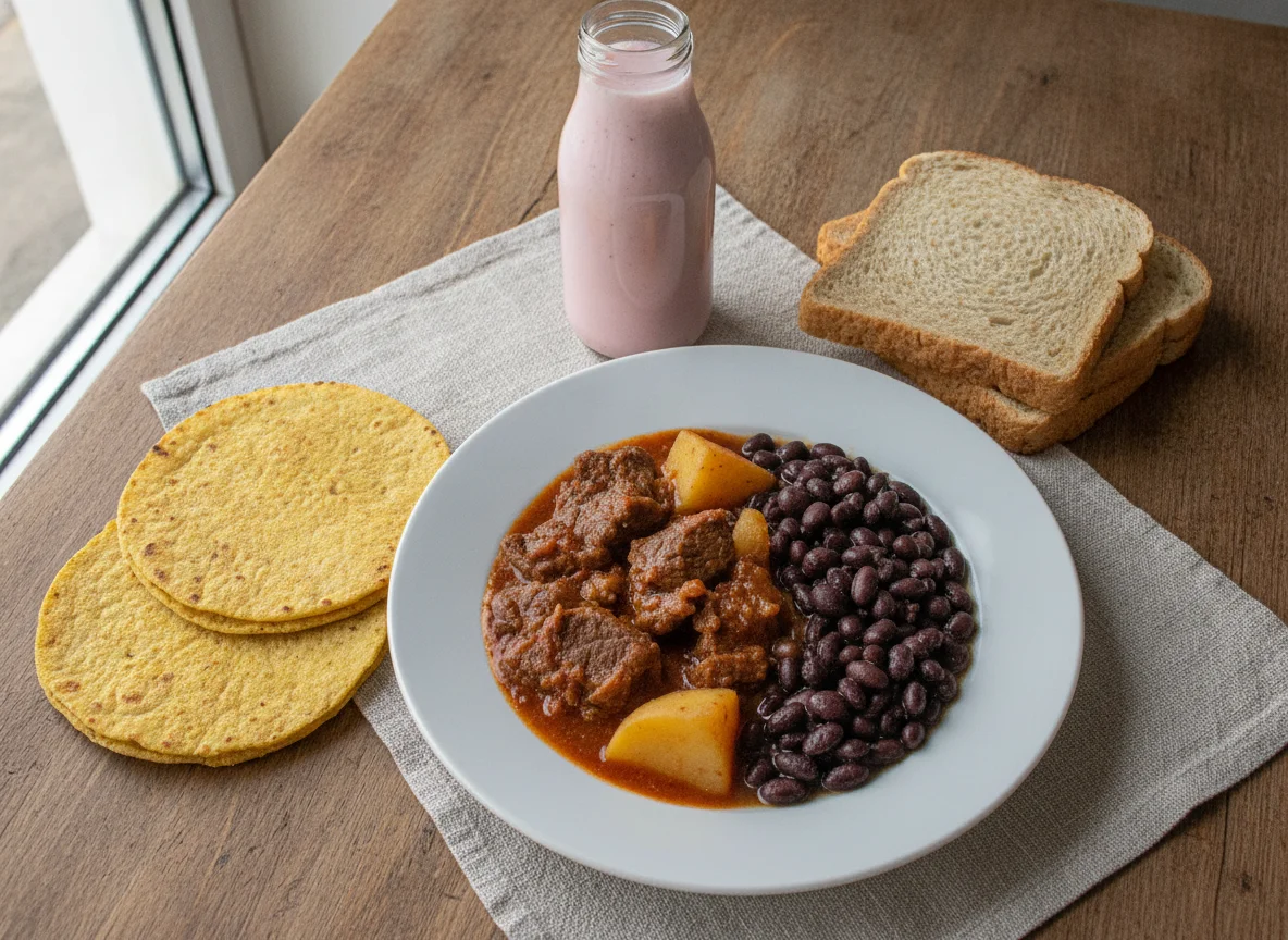Guisado de carne con frijoles, tortilla, pan y yogurt photo