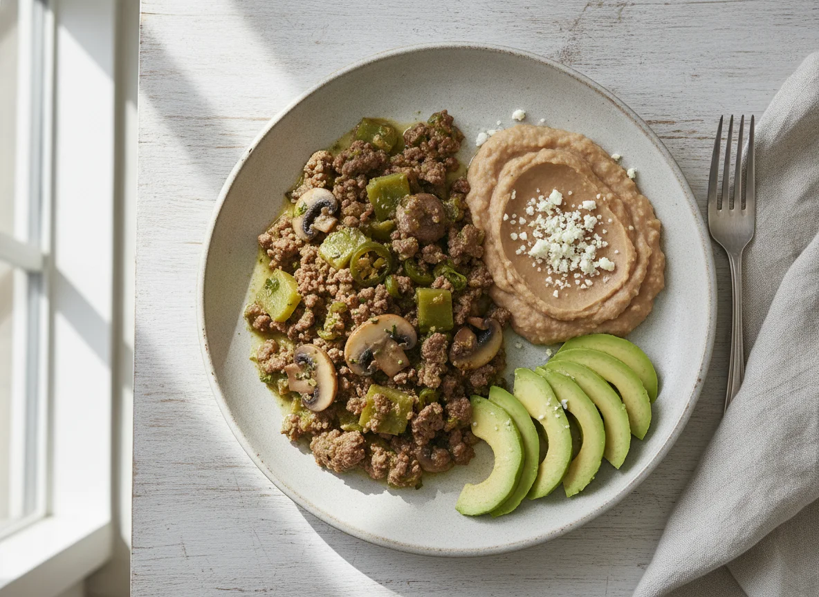 Guisado de carne con nopales, champiñones, frijoles refritos y aguacate photo