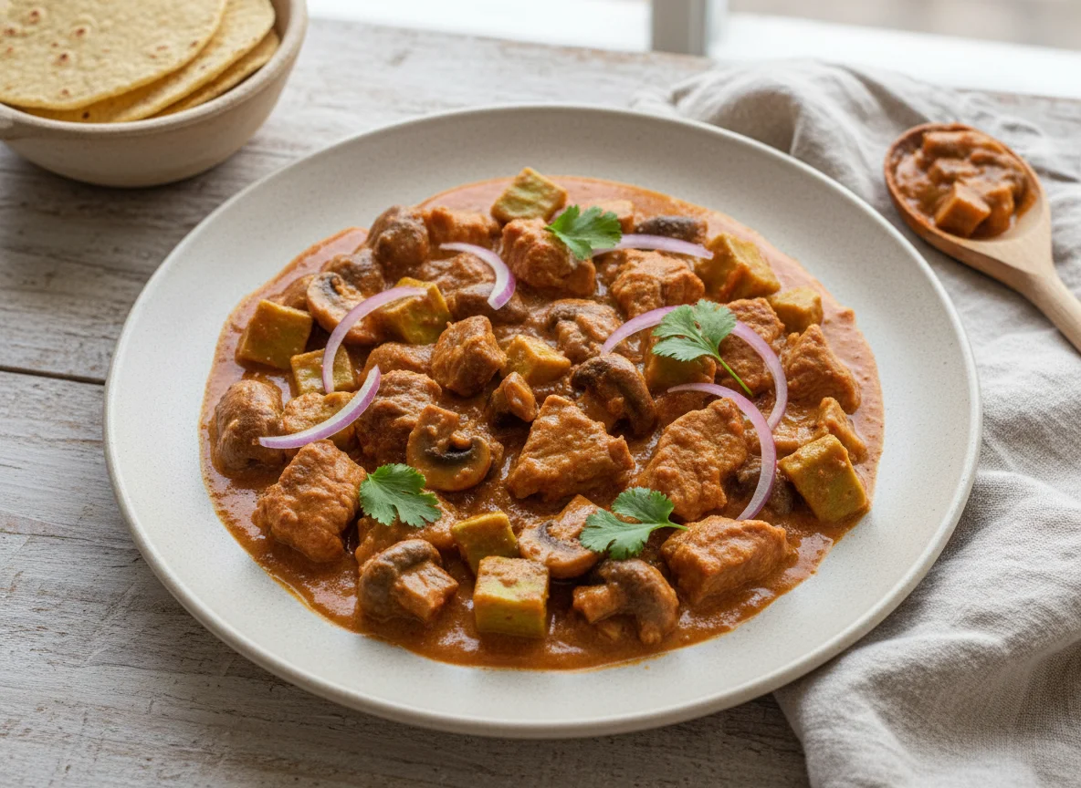 Guisado de carne con nopales y champiñones photo