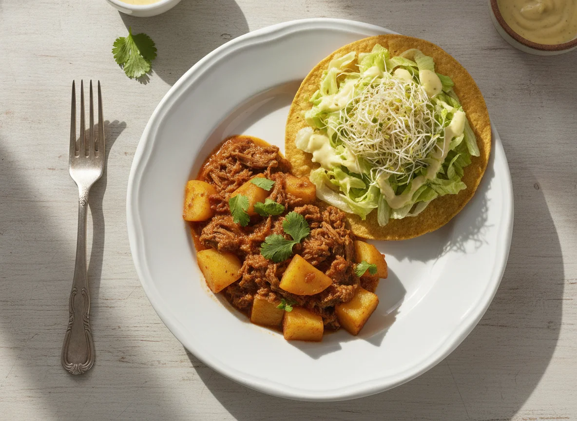 Guisado de carne con papas, ensalada y tostada photo