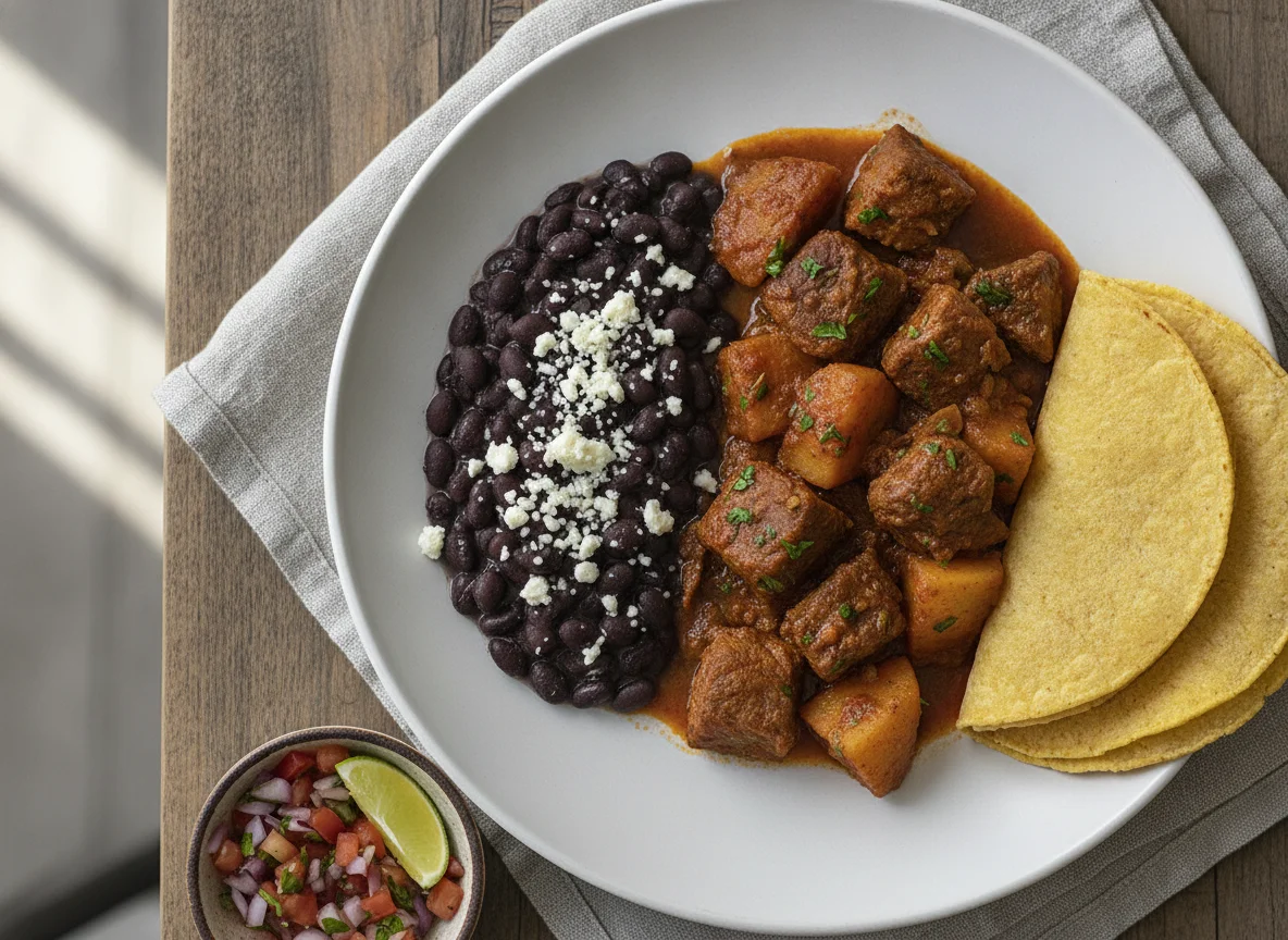 Guisado de carne con papas, frijoles y queso photo