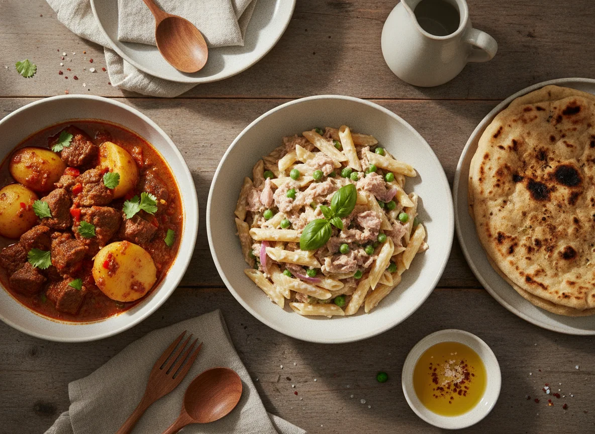 Guisado de carne con papas, pasta con atún y pan plano photo