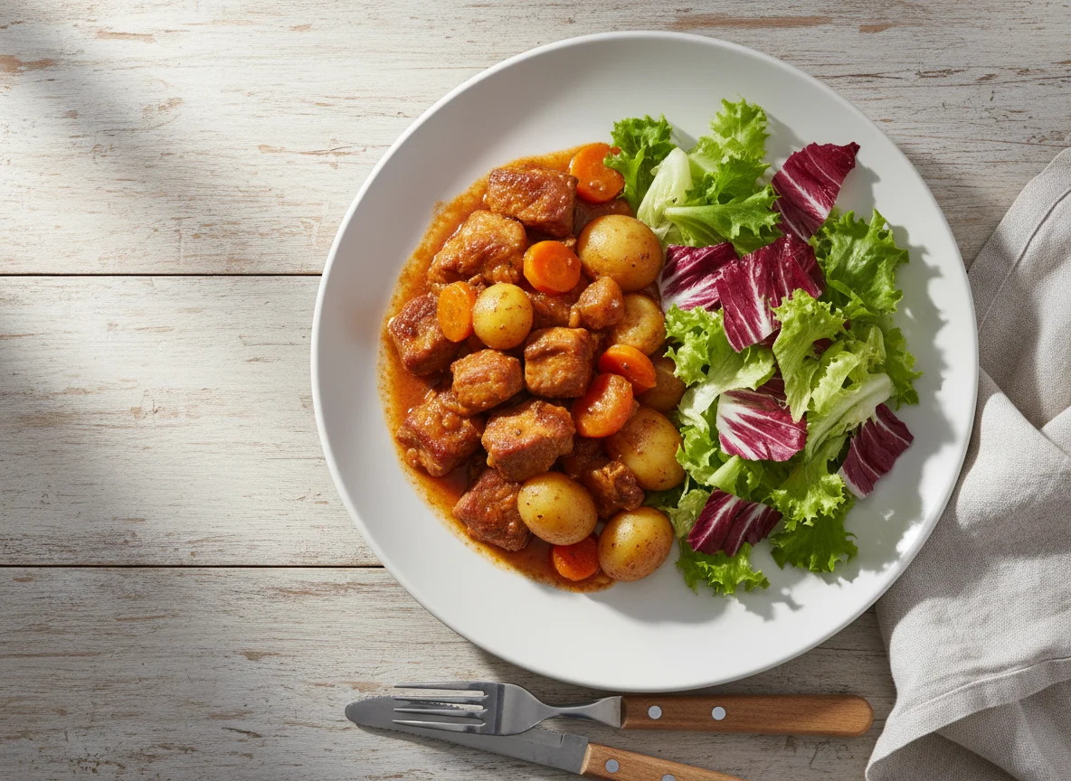Guisado de carne con papas y ensalada photo