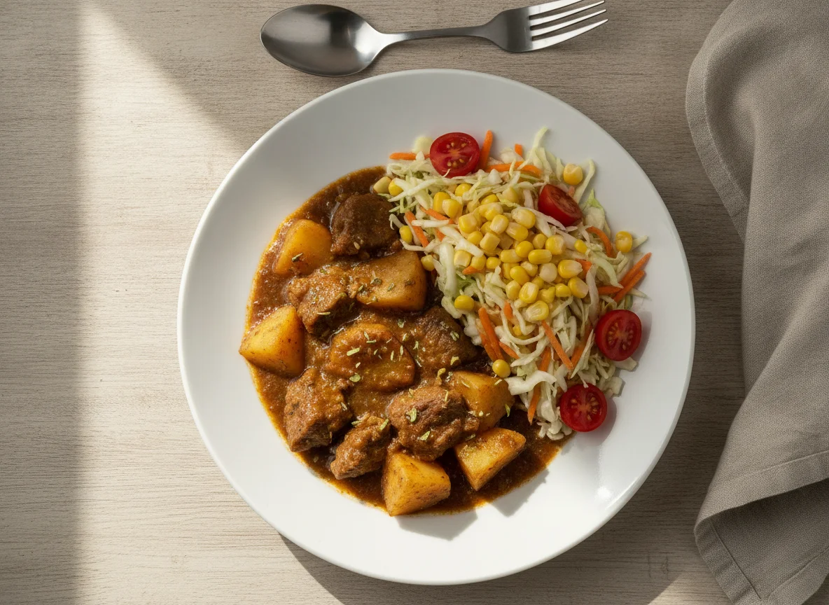 Guisado de carne con papas y ensalada mixta photo