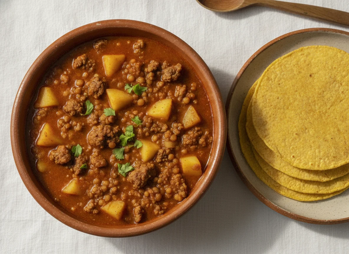 Guisado de carne con papas y lentejas con tortilla photo