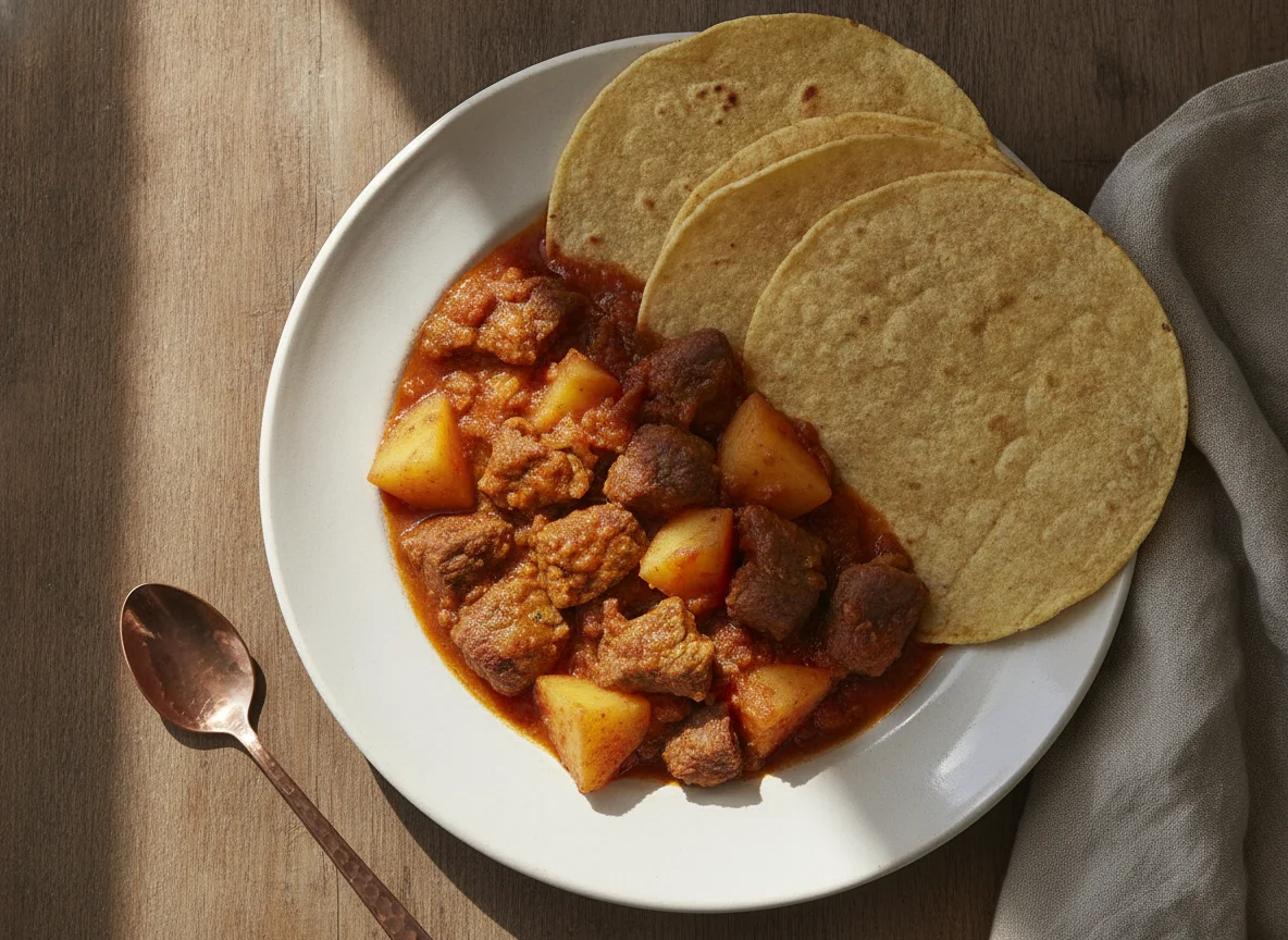 Guisado de carne con papas y tortillas photo