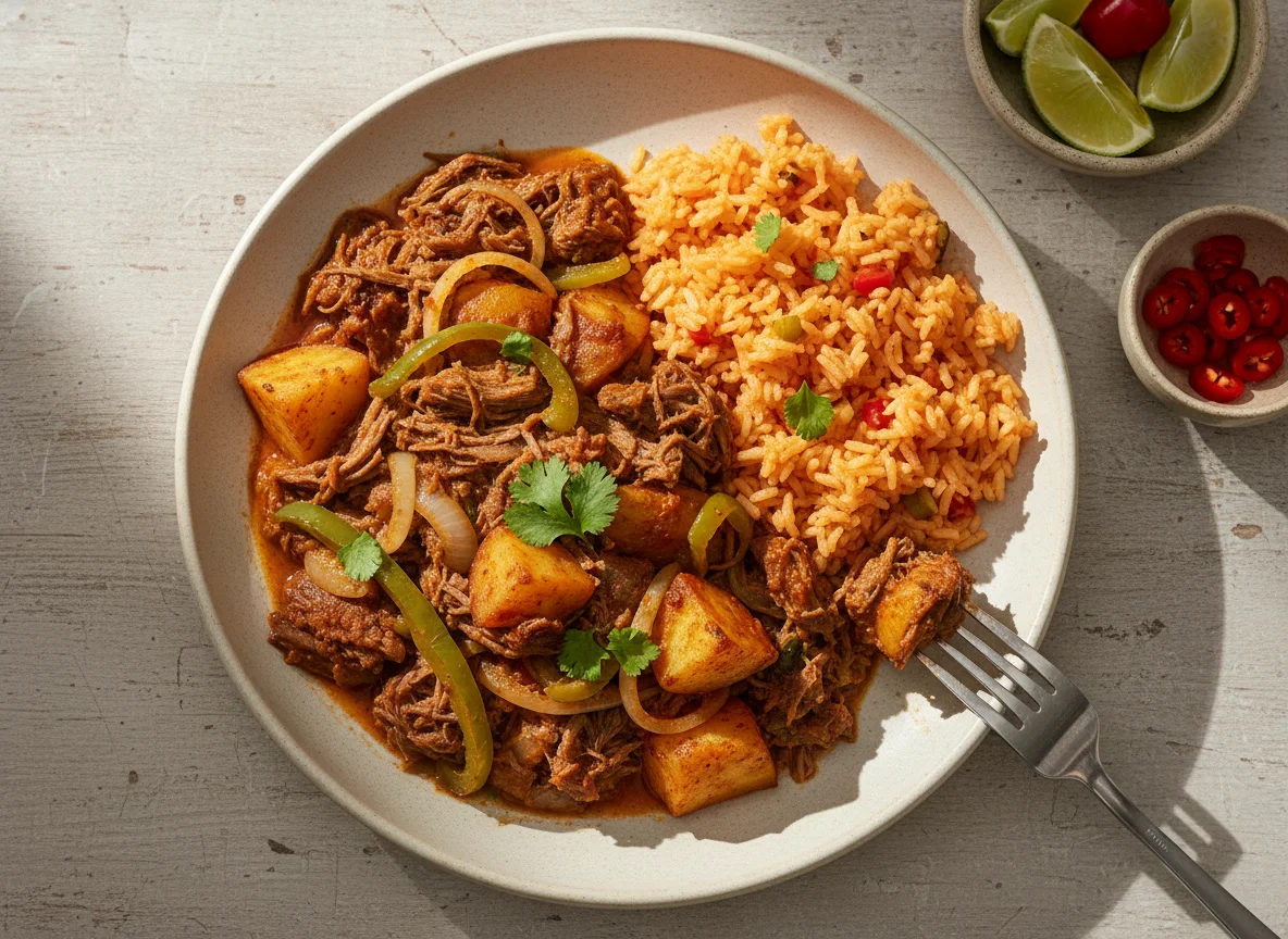 Guisado de carne deshebrada con arroz photo