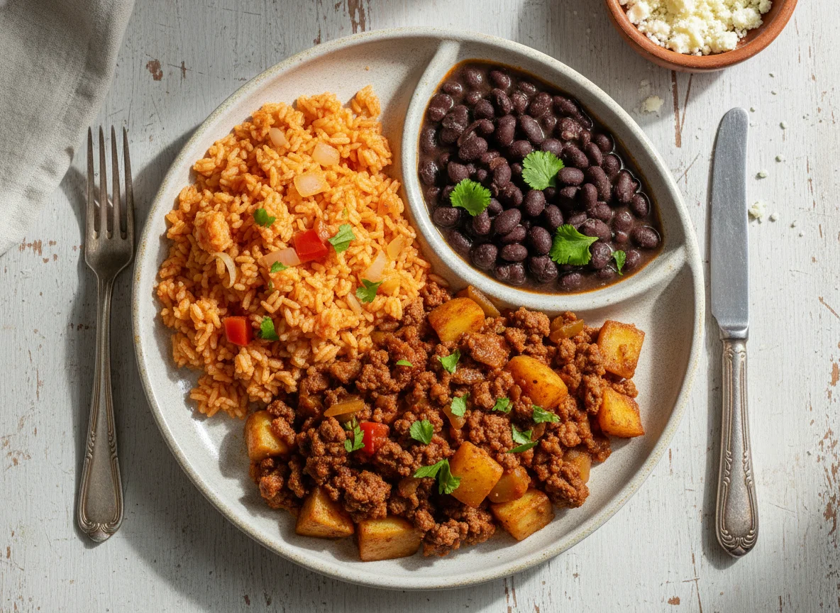 Guisado de carne molida con papas, arroz y frijoles photo