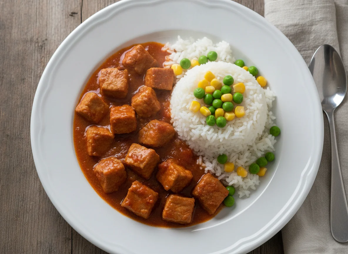 Guisado de cerdo con arroz blanco photo