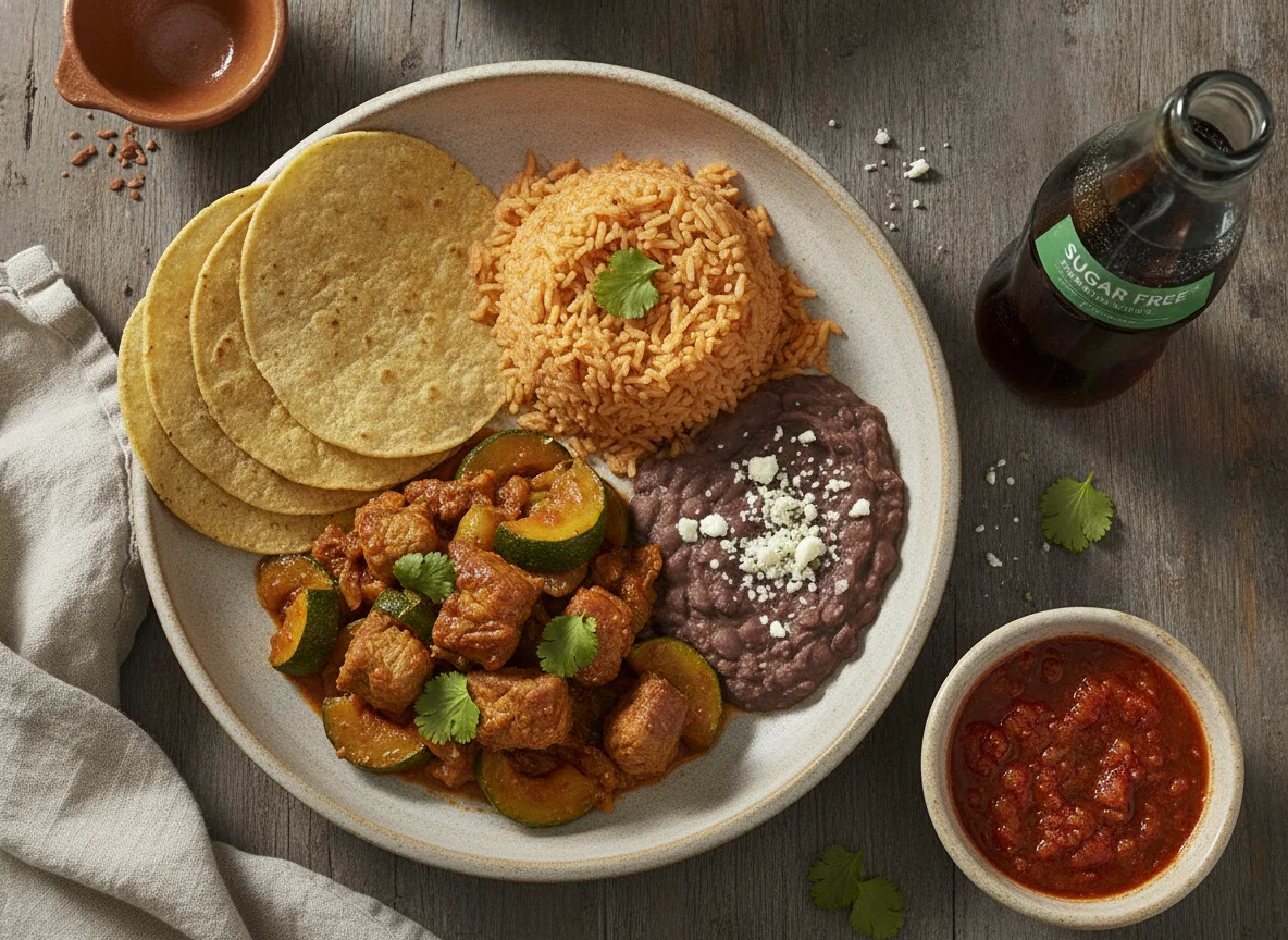 Guisado de cerdo con calabacitas, arroz rojo y frijoles refritos photo