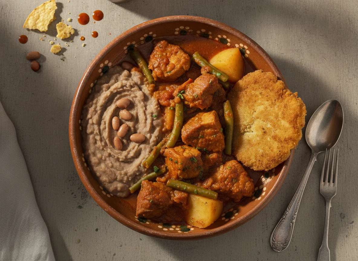 Guisado de cerdo con ejotes, frijoles refritos y tortita de papa photo