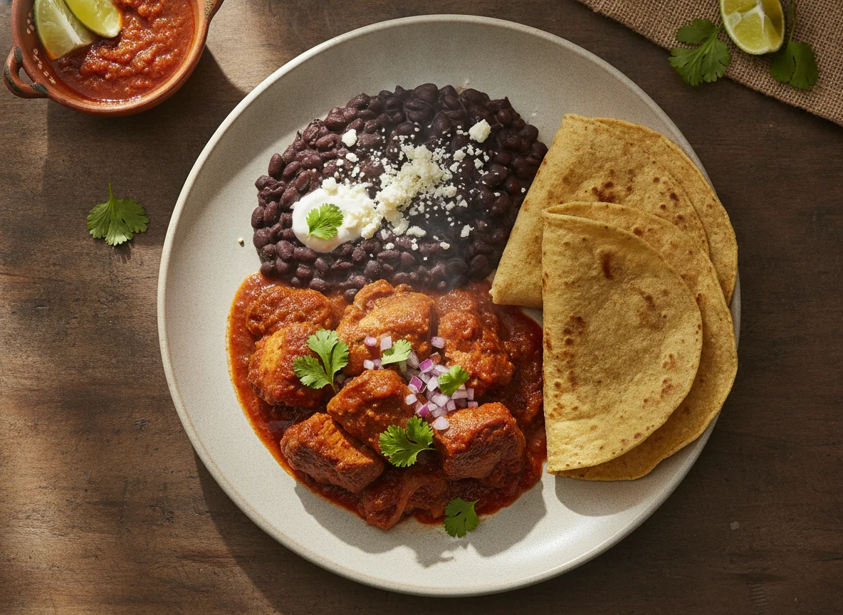 Guisado de cerdo con frijoles negros y tortillas photo