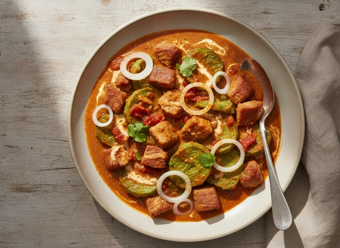 Guisado de cerdo con nopales en salsa photo