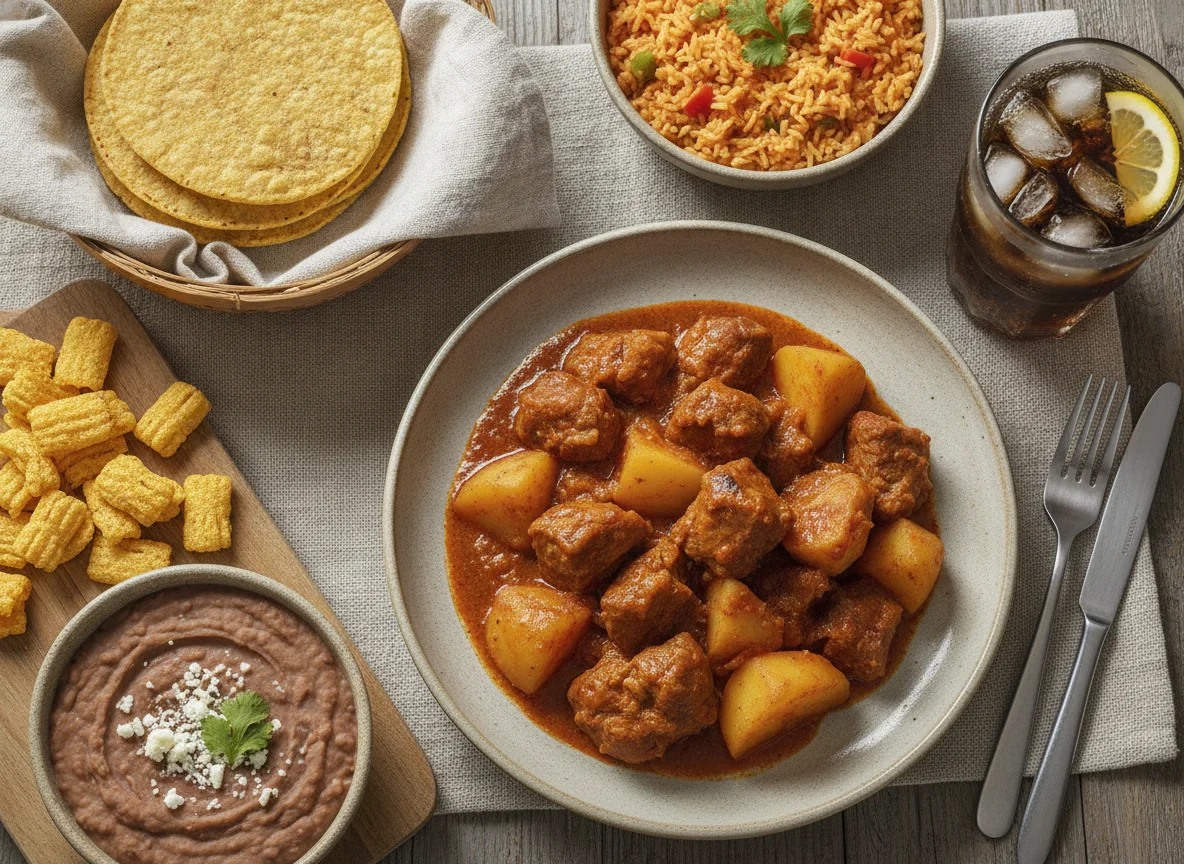 Guisado de cerdo con papas, arroz, frijoles y complementos photo